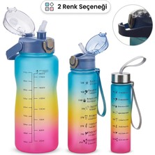 Aesco 3'lü Motivasyonel Matara Seti, Iç Içe Geçebilir Tasarım, 2000ML, 900ML ve 300ML, Gradyan Renk Seçenekleri, Sticker ve Pipet Hediyeli (Gece Yarısı)