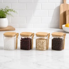 Die Grup 550 ml Kaşıklı Cam Kavanoz 4’lü Set, Bambu Kapaklı Şeffaf Cam Saklama Kabı, Çay Kahve Şeker Baharat Kuruyemiş Kavanozu, Mutfak Düzenleyici Kaşıklı Baharatlık Seti
