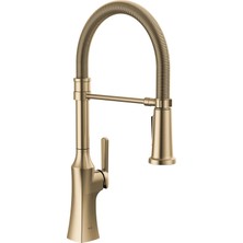 Aesco Delta Ermelo Pro Stil Ticari Mutfak Bataryası Aşağı Çekmeli Püskürtücü, Tek Delikli Fırçalanmış Altın Evye Bataryası, Tek Kulplu, Şampanya Bronz 18887-CZ-DST
