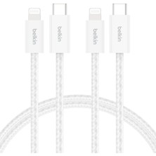 Die Grup Belkin 2'li Örgülü Usb-C - Lightning Kablo, 1,5 M, Yumuşak, Esnek ve Hızlı Şarj Kablosu, iPhone 14 ve Önceki Modeller, 9. Nesil iPad ve Airpods ile Uyumlu, Beyaz