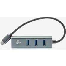 Die Grup Fiigo Type-C To Lan ve 3x USB Alüminyum Adaptör Gri