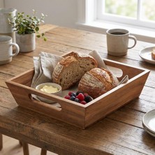 Die Grup Deconox Akasya Ekmek Sepeti 20 x 20 Cm, Kulplu Ahşap Ekmeklik, Kare Kahvaltı ve Sunum Sepeti, Poğaça, Kruvasan, Sandviç, Meyve ve Atıştırmalık Servis Kutusu