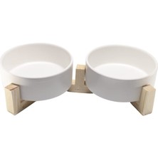 Die Grup Yılmazel Kedi Mama Su Kabı Ahşap Standı ve Seramik Kasesi Yavru Evcil Hayvan Minimalist Design (Beyaz, Çiftli)
