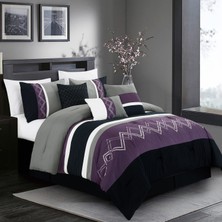 Die Grup Chezmoi Collection Arden 7 Parça Modern Pileli Çizgili Nakışlı Zikzak Yatak Yorgan Seti (Kraliçe, Mor/siyah/gri/beyaz)