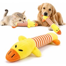 Die Grup Sogud Peluş Ördek Kedi Köpek Oyuncağı - Isırınca Ses Çıkaran Interaktif Oyun Arkadaşı - Yumuşak Dokulu Çizgili Tasarım - Yavru ve Yetişkin Evcil Hayvanlar Için - 25 x 10 x 4 cm - Sarı Turuncu