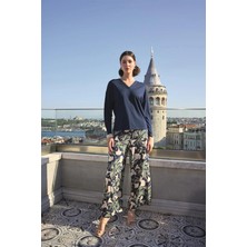 Seraviax Yaprak Desenli Uzun Kollu V Yaka Pijama Takımı