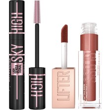 Die Grup Maybelline New York Lash Sensational Sky High Cosmic Black Maskara + Lifter Gloss Nemlendirici Dudak Parlatıcısı - 016 Rust Makyaj Seti