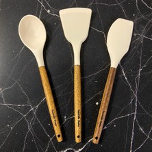Die Grup Ahşap Saplı 3'lü Silikon Mutfak Gereçleri Seti - Isıya Dayanıklı Yanmaz Yapışmaz Spatula ve Servis Kaşığı Takımı, Ergonomik Tasarım