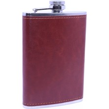Die Grup Kahverengi Deri Kaplama Paslanmaz Çelik Cep Matarası - Hip Flask 9 Oz