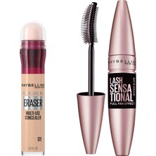 Die Grup Maybelline New York Instant Anti Age Eraser Kapatıcı - 01 Light & Lash Sensational Yelpaze Etkili Intense Black Maskara - Ekstra Siyah Makyaj Seti