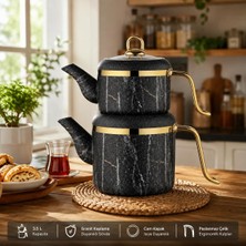 Die Grup Vintage Serisi Granit Kaplamalı Çaydanlık Takımı, Siyah, Alüminyum Gövdeli, 3.5 L, Cam Kapaklı, Paslanmaz Çelik Kulplu