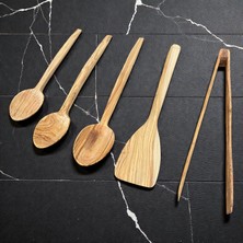 Die Grup El Yapımı Doğal Zeytin Ağacı 5 Parça Mutfak Seti - Sağlıklı Pişirme ve Servis Gereçleri (3 Boy Kaşık, Spatula ve Servis Maşası)