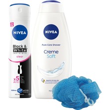 Die Grup Kadın Sprey Deodorant Black&white Invisible Clear 150ML ve Creme Soft Duş Jeli 750ML, Lif Hediyeli