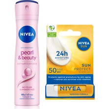 Die Grup Kadın Sprey Deodorant Pearl&beauty 150ML ve Yüksek Güneş Korumalı Dudak Bakım Kremi, SPF50
