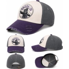 Die Grup Brooklyn New York Baskılı Eskitme Beyzbol Şapkası, Gri, Krem ve Mor Renk, Vintage Tasarım,trucker