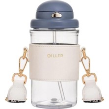 Die Grup Diller 650ML Moda Deri Kılıflı Pipetli Tritan Su Matarası (Lacivert-Beyaz)