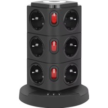 Die Grup Smayling Tower Tipi Akım Korumalı Priz - 12 Prizli ve 4 USB Girişli, Bireysel Anahtarlı, Kısa Devre Koruma, Masa Üstü Dikey Tasarım - Ev ve Ofis Için Düzenli Çözüm