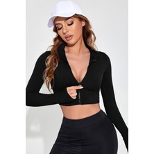SS Home Concept Kadın Siyah Uzun Kol Fermuarlı Parmak Geçme Detaylı Dik Yaka Crop Top Bluz