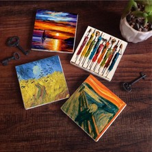 Pinecone Stone Van Gogh Buğday Tarlası ve Kargalar, Çığlık, Yerli Kadınlar, Deniz Manzarası Taş Bardak Altlığı Seti - 4 Parça - Dekoratif, Rustik Mutfak Aksesuarı, 10X10 Cm, Kaydırmaz Tabanlı SC439