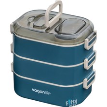 Vagonlife 1450 ml 3 Kat Çelik (2 Kat Kullanılabilir) Bento Lunch Box Yeni Nesil Sefer TASI-FFLBOX7083 Lacivert