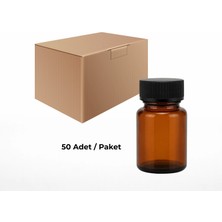 Labbakkal Cam Amber Şişe Geniş Ağız 50 ml - Siyah Kapaklı Tablet Şişe 50 Adet