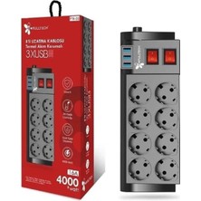 Termal Akım Korumalı 8li Uzatma Kablosu 3xusb 2 Metre 16 Amper