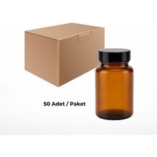 Labbakkal Cam Amber Şişe Geniş Ağız 75 ml - Siyah Kapaklı Tablet Şişe 50 Adet