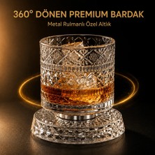 Hili 360° Dönen Metal Rulmanlı Premium Cam Bardak ve Özel Altlık 270 ml Kokteyl Viski Bardağı
