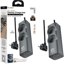 Hakay Akım Korumalı Priz, Güç Şeridi, 67W Gan Hızlı Şarj Adaptörü, Tam Zamanlı 6 Bağlantı Noktası, 2x Priz Girişi, 1x USB Girişi, 3x Type-C Girişi, Yüksek Verimlilik (1.5 Metre)