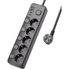 Hakay Smayling 5 Priz + 4 USB (2 Type-C) Akım Korumalı Anahtarlı Uzatma Kablosu - 2 Metre - Enerji Tasarruflu Priz