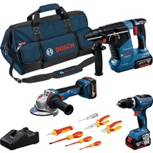 Hakay Bosch Professional Gsb 18V-65 Akülü Darbeli Vidalama & Gws 18V-11 Akülü Taşlama & 187-LI Akülü Kırıcı Delici & Vde Tornavida Pense Seti & 3x 5.0 Ah Akü & Gal 18V-40 Şarj Cihazı & L-Bag, Karton Kutuda