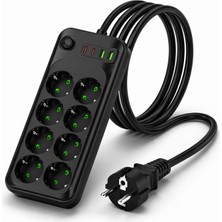 Hakay Akım Korumalı 8’li Priz, Usb-C & Usb-A Hızlı Şarjlı Çoklu Priz, 16A 4000W Yüksek Güç, 2 Metre Kalın Kablo, Çocuk Korumalı Anahtarlı Priz, Yoğun Kullanım Için Profesyonel Power Strip