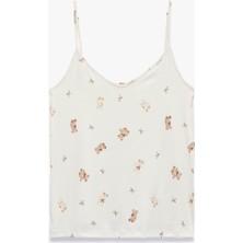 Hakay Ayıcık Baskılı Dantel Detaylı V Yaka Askılı Pijama Üstü