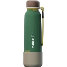 Hakay Vagonlife 750ML Düz Renkli Pipetli/pipetsiz Kullanım Ipli El Askılı Kaymaz Tabanlı Paslanmaz Çelik Termos (Koyu Yeşil)