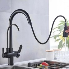 Hakay Fleko Spiral Başlıklı Sıcak Soğuk Arıtma Girişli 3 Yollu Mutfak Eviyesi Bataryası (Siyah)