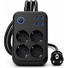 Hakay Akım Korumalı 4’lü Priz 2500W 10A – 2 USB + 2 Type-C Hızlı Şarj – 2 Metre Uzatma Kablosu, Anahtarlı Çoklu Priz, Çocuk Korumalı, Aşırı Yük ve Kısa Devre Korumalı Power Strip