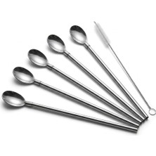 Hakay Deconox 5 Parça Karıştırıcı Kaşıklı Paslanmaz Çelik Pipet Seti, 4 Adet Kaşıklı Metal Pipet ve Temizleme Fırçası, Soğuk Kahve, Smoothie, Milkshake, Limonata, Kokteyl ve Içecek Sunumu Için