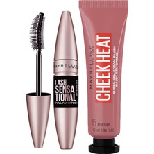 Hakay Maybelline New York Lash Sensational Yelpaze Etkili Intense Black Siyah Maskara + Cheek Heat Likit Allık (15 Nude Burn)