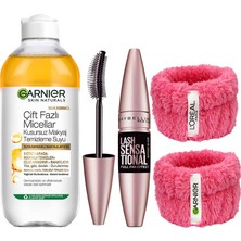 Hakay Garnier Skin Naturals Çift Fazlı Micellar Kusursuz Makyaj Temizleme SUYU(400ML)&MAYBELLINE New York Lash Sensational Yelpaze Etkili Intense Black Maskara-Ekstra Siyah + Hediye Havlu Bileklik 2'li Set