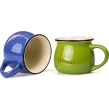 Hakay Mukko Home 2'li Emaye Görünümlü Renkli Porselen Kupa Seti Good Morning Gold Yazılı 250 Ml,mavi & Yeşil