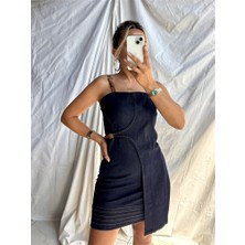 Gözde Tasarım Butik Kadın Deri Ip Askılı Likralı Asimetrik Parçalı Denim Kot Elbise