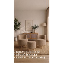 Bm Design Peluş 2'li Berjer ve Puf Çay Seti - Ahşap Ayaklı - Kolay Kurulum