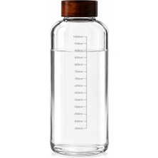 Hakay 1000 ml Akasya Kapaklı Cam Matara Ölçekli Su Şişesi Sızdırmaz Kapaklı Şeffaf Cam Suluk