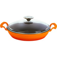 Hakay Lava Döküm Yuvarlak Sahan Cam Kapaklı Döküm Demir Yekpare Çift Kulplu ÇAP(Ø)24CM. Turuncu
