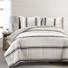 Hakay Lush Decor Çiftlik Evi Çizgili Çift Taraflı Büyük Boy 3 Parça Pamuklu Yorgan Seti, California King, Siyah