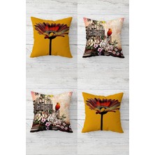 Hakay Pelangi Turuncu Papatya ve Kuş Kafesi Vintage Gizli Fermuar Kırlent Kılıfı Koltuk Yastık Kılıfı TAKIM(4ADET), Turuncu 45 x 45