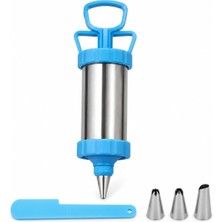 Hakay Paslanmaz Çelik Krema Pompası, 3 Metal Uçlu Pasta ve Cupcake Süsleme Aparatı, Ergonomik Basmalı Krema Sıkacağı, Mavi