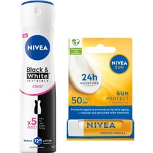Hakay Kadın Sprey Deodorant Black&white Invisible Clear 150ML ve Yüksek Güneş Korumalı Dudak Bakım Kremi