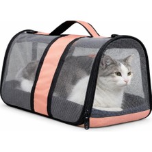 Hakay Aee® Komple Fileli Kedi Taşıma Çantası – Mdf Sert Tabanlı, Katlanabilir, Nefes Alabilen, Omuz Askılı & El Tutmalı, Hafif ve Sağlıklı Evcil Hayvan Taşıma Kutusu (45X28X28 Cm) (Somon)