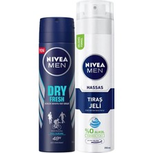 Hakay Nıvea Men Erkek Sprey Deodorant Dry Fresh 72 Saat Anti-Perspirant Koruma 150ML ve Nıvea Men Hassas Tıraş Jeli 200ML, Hassas Ciltlere Özel Hızlı Koruma, Yanma Karşıtı, Alkolsüz Formül